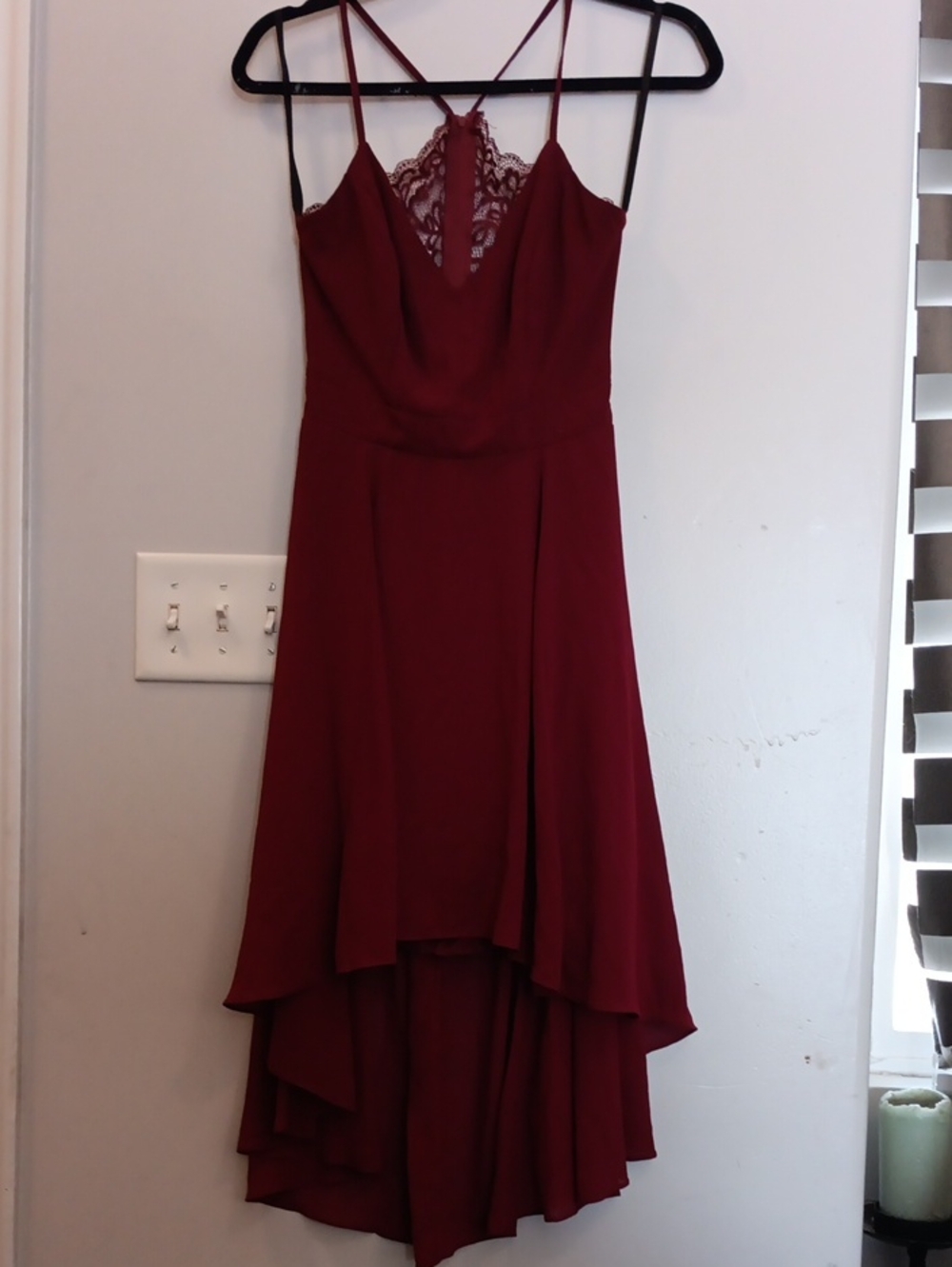 B. Smart Wine Lace-Detail High-Low Slip Dress